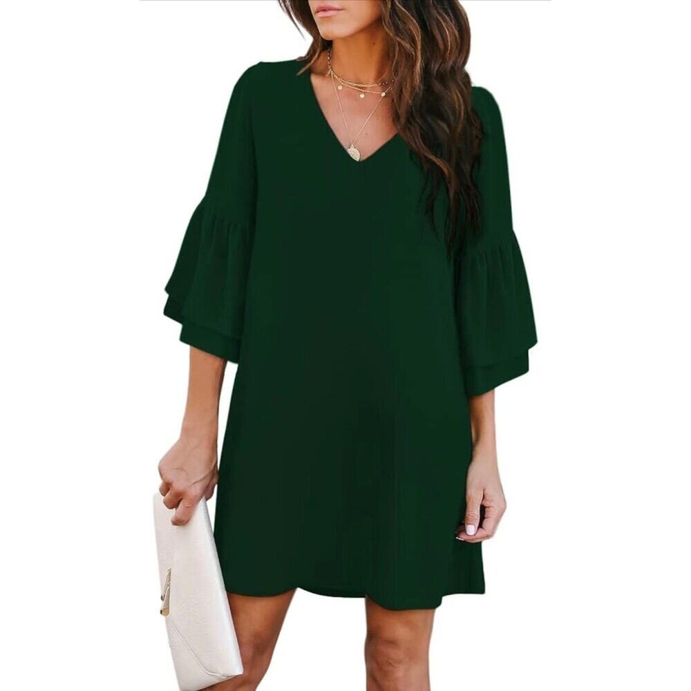 Belongsci Sweet & Cute V-Neck Bell Sleeve Shift Dress Size XS Green (86)